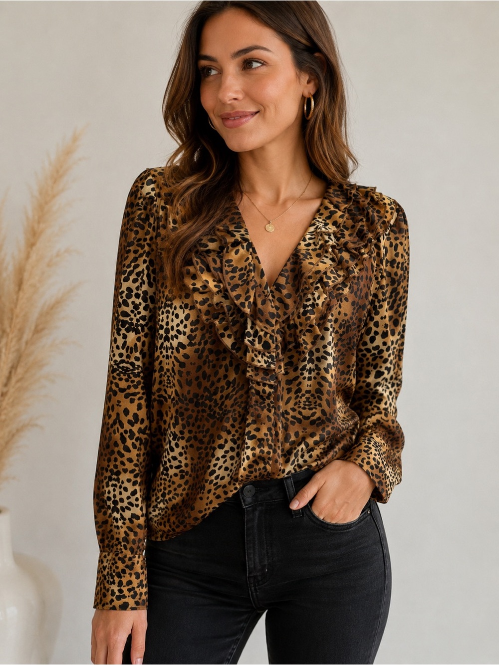 Jones New York Leopard Ruffle V-Neck Blouse - Brown